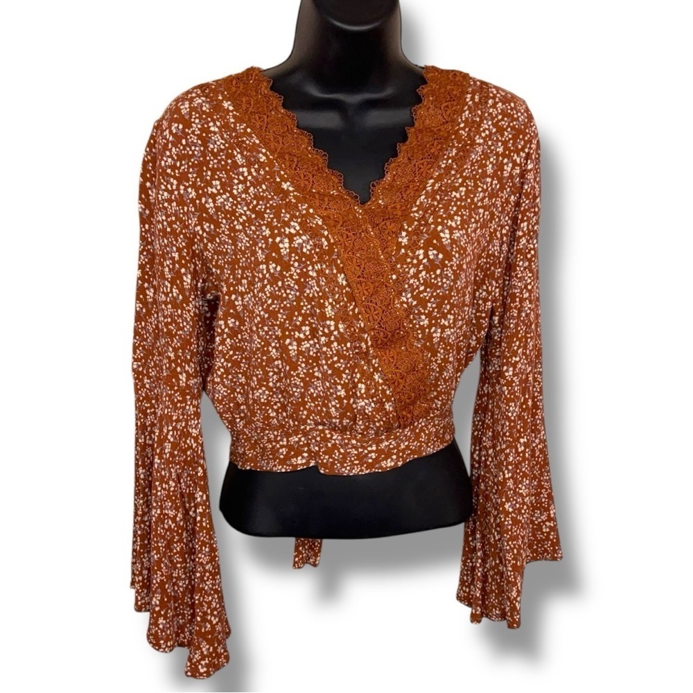 Medium Just Polly Brick Orange Boho Peasant Top Floral Bell Sleeve Embroidered